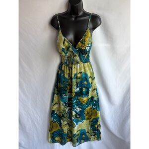 She's Cool Midi Tie Dye Dress Flare Size S Feminine Girly Smocked Green Yellow
